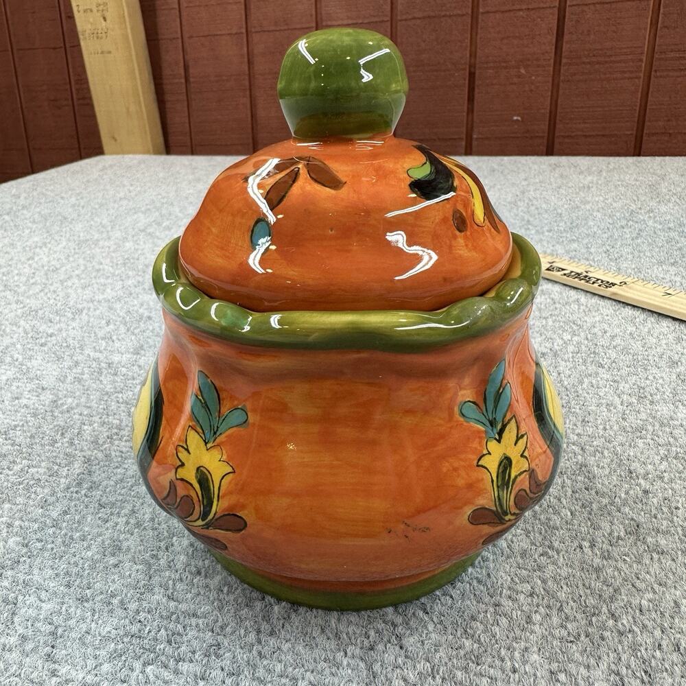 Talavera Ceramic Lidded Canister Hand Painted Orange Green Floral Pottery Jar - Picture 10 of 10